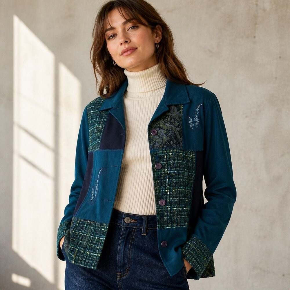 Notations Womens Blue Patchwork Embroidered Button Up Lightweight Shirt Jacket
